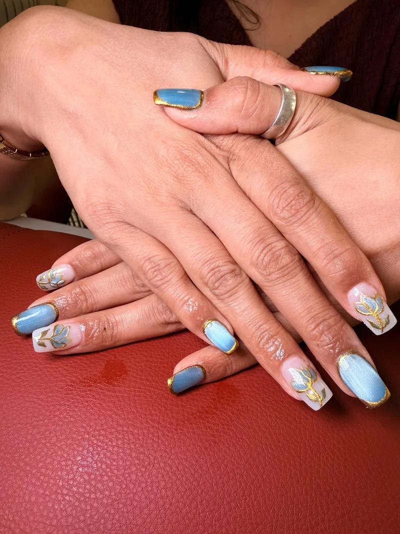 Blue Gold Floral nails by Haus of Nails by Ritu, Gurgaon