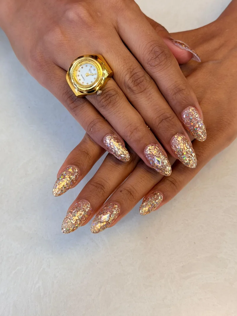 Champagne Glitter nails by Haus of Nails by Ritu, Gurgaon