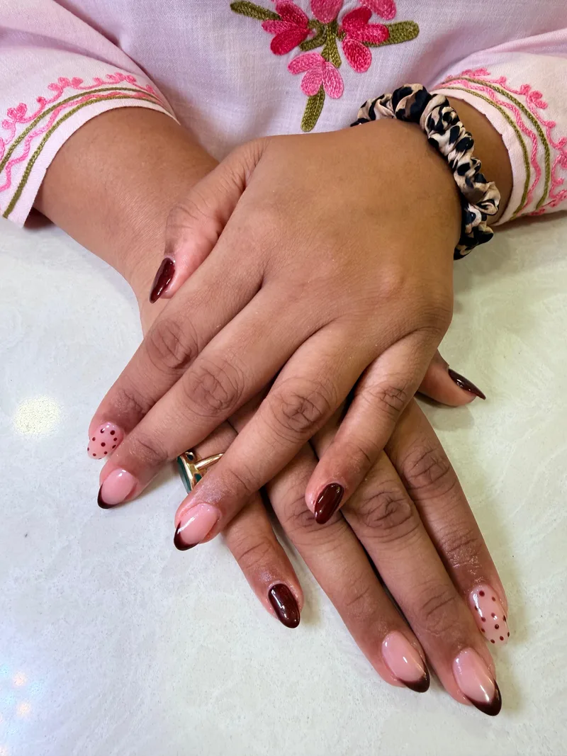 Dotted Merlot nails by Haus of Nails by Ritu, Gurgaon